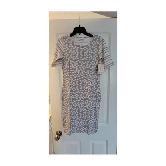 NWT Lularoe Julia Form Fitting Midi Dress in Grey/White Dots & Stripes XS - Picture 1 of 7
